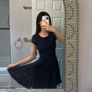 navy blue lace cocktail dress embroidered with flowers